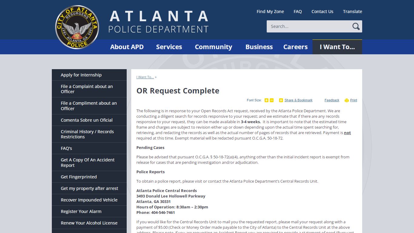 OR Request Complete | Atlanta Police Department